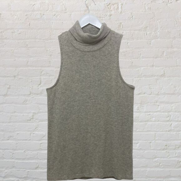 β¨ Feel The Piece Sleeveless Turtleneck M/L Tencel Oatmeal Made USA Ribbed - Picture 2 of 12